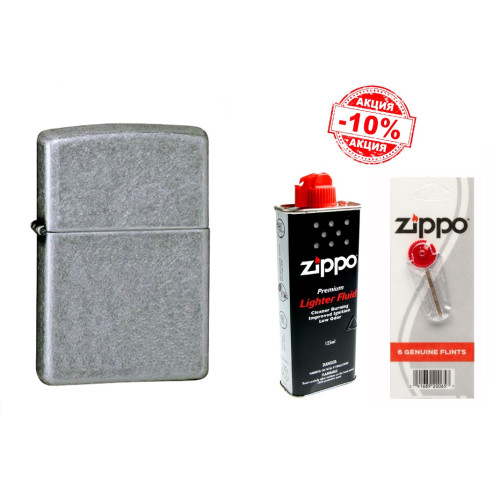 Набір Zippo Запальничка ANTIQUE SILVER PLATE 121FB + Паливо 125мл + набір Кремнів