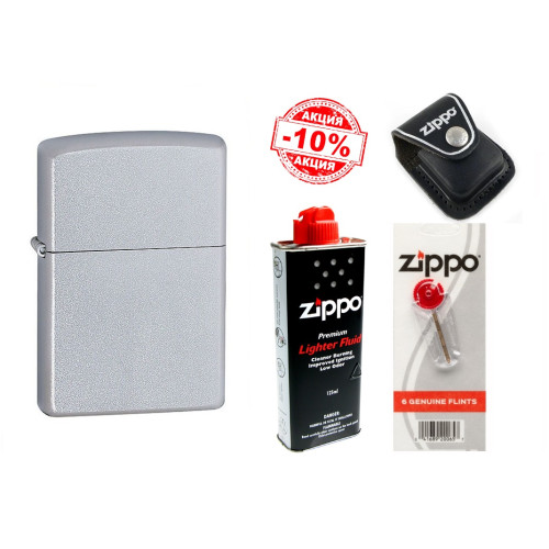 Набір Zippo (Зіппо) Запальничка CLASSIC Satin Chrome 205 + шкіряний чохол Zippo + паливо Zippo 125мл + набір з 6 кремнів Zippo в бліcтері