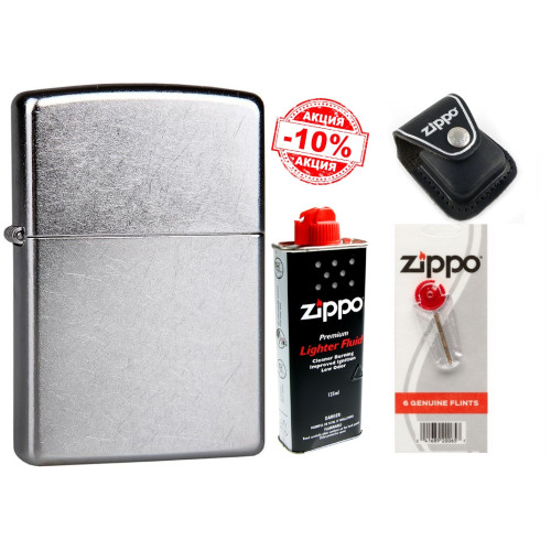 Набір Zippo (Зіппо) Запальничка STREET CHROME 207 + Чохол Zippo + Паливо 125мл + набір Кремнів