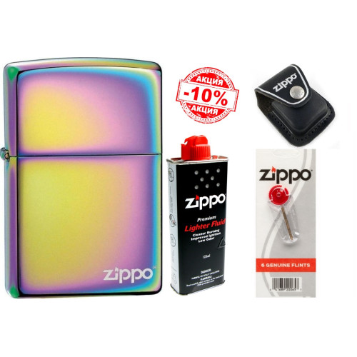 Набор Zippo (Зиппо) Зажигалка SPECTRUM ZIPPO LOGO 151ZL + кожаный чехол Zippo + Топливо 125мл + набор Кремней