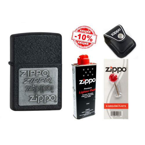Набір Zippo (Зіппо) Запальничка PEWTER EMBLEM BLACK CRACKLE 363 + Чохол Zippo + Паливо 125мл + набір Кремнів