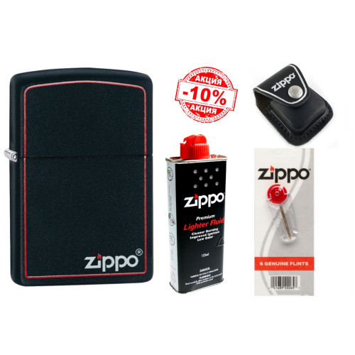 Набір Zippo (Зіппо) Запальничка BLACK MATTE w/ZIPPO BORDER 218 ZB + Чохол Zippo + Паливо 125мл + набір Кремнів