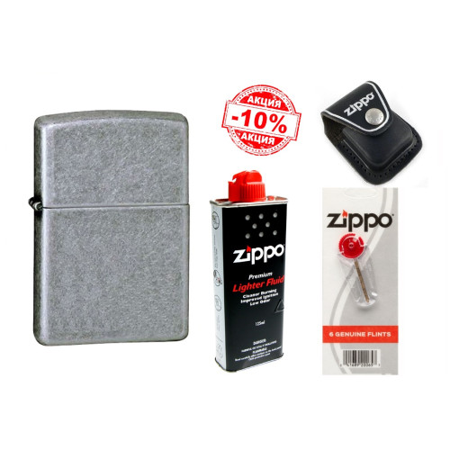 Набор Zippo Зажигалка ANTIQUE SILVER PLATE 121FB + Чехол Zippo + Топливо 125мл + набор Кремней