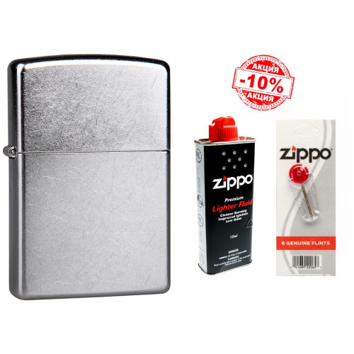 Набір Zippo (Зіппо) Запальничка STREET CHROME 207 + Паливо 125мл + набір Кремнів